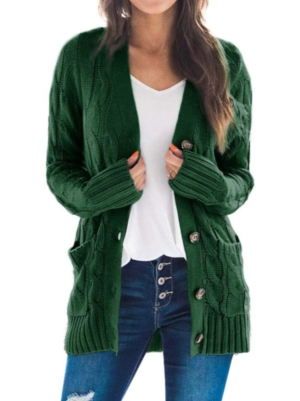 Women Deep Green Cable Knit Long Sleeve Open Front Button Down Cardigan Sweaters